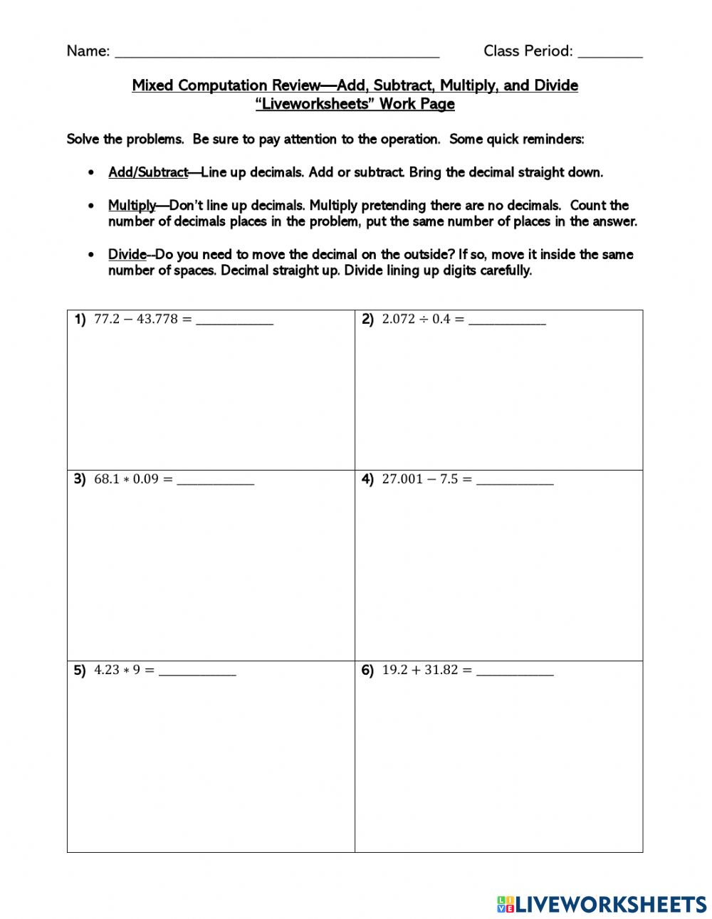 Decimal Computation Mixed Review Worksheet