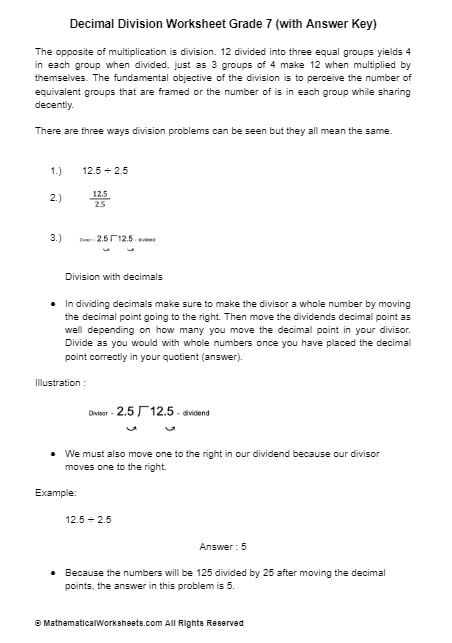 Decimal Division Worksheet Grade 7 with Answer Key 