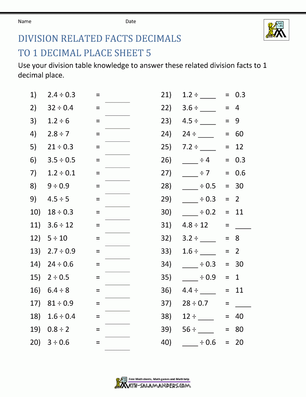 Decimal Division Worksheets