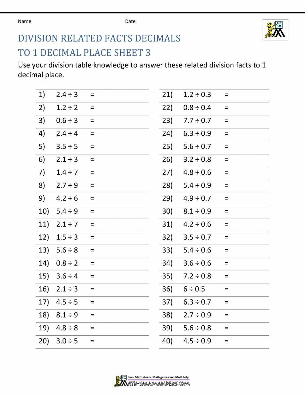 Decimal Division Worksheets