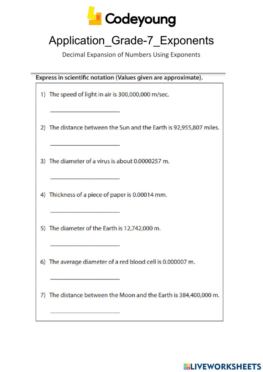 Decimal Expansion Of Numbers Using Exponents Application Worksheet