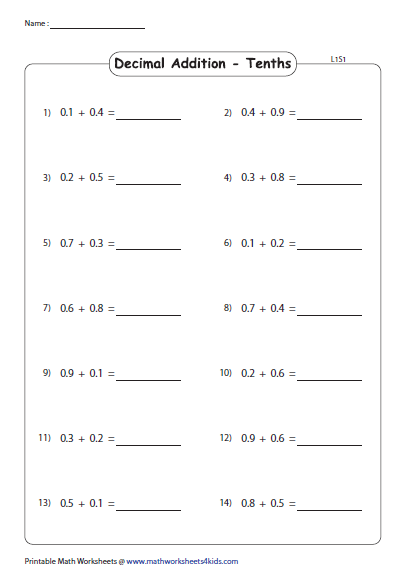 Decimal Horizontal Addition Worksheets