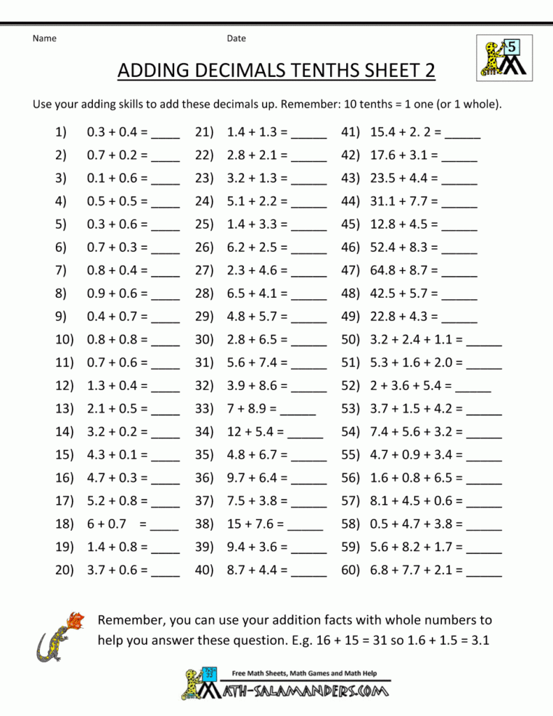 Decimal math worksheets adding decimals tenths 2 gif 1000 1294