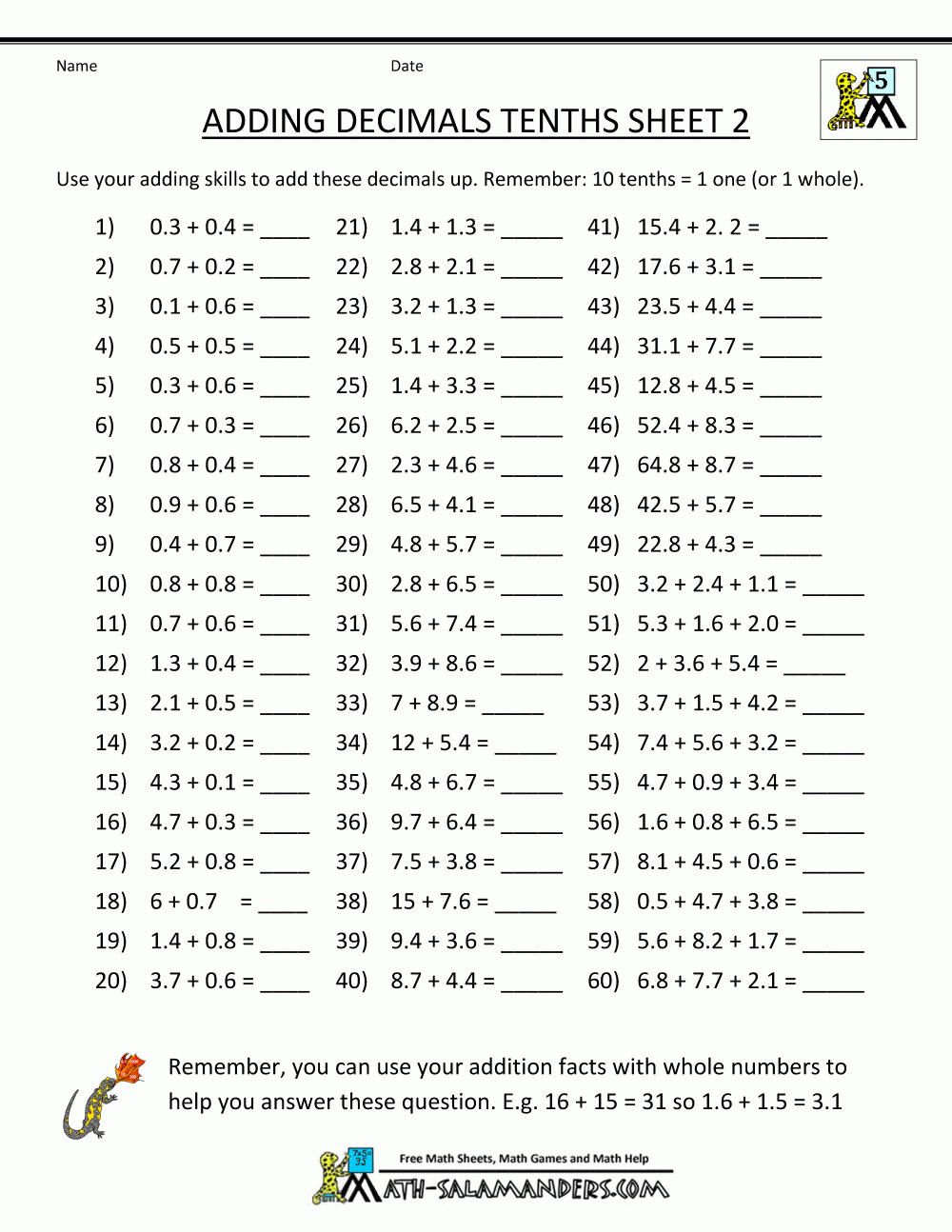 Decimal math worksheets adding decimals tenths 2 gif 1000 1294 