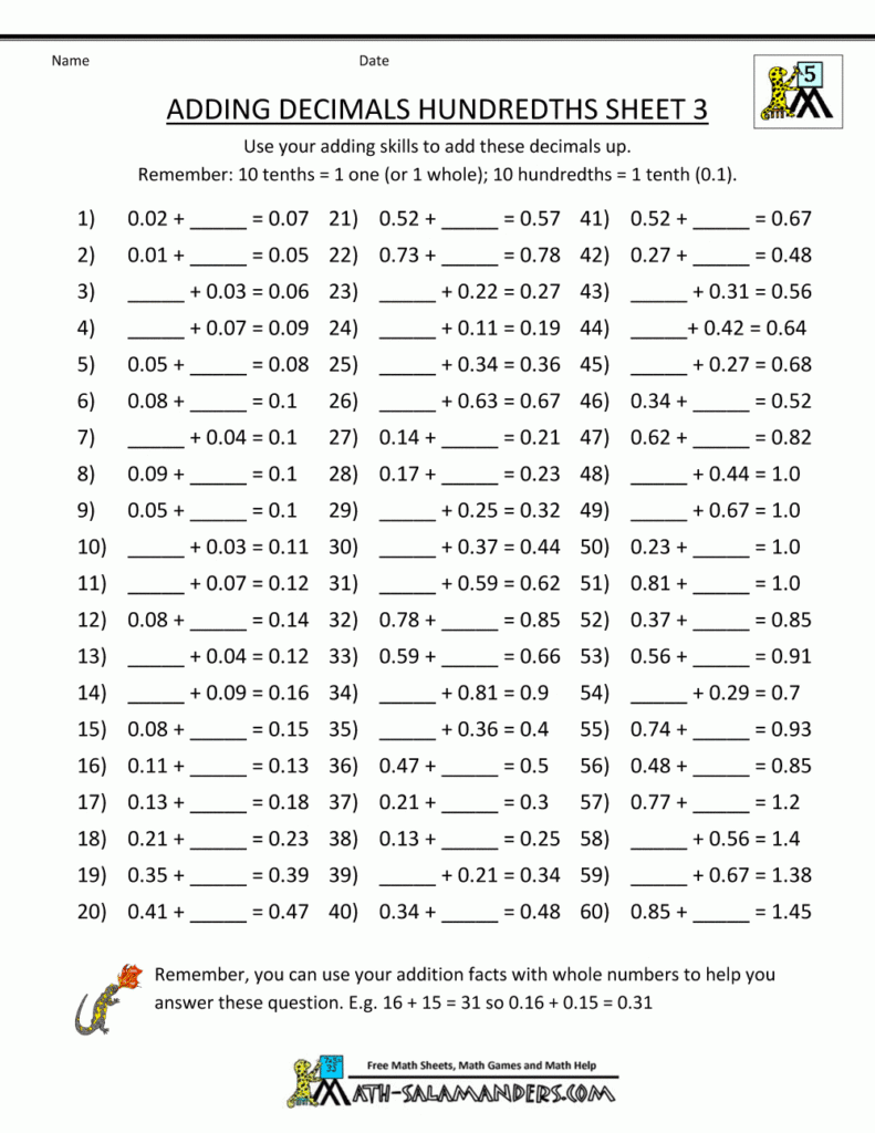 Decimal Math Worksheets Addition