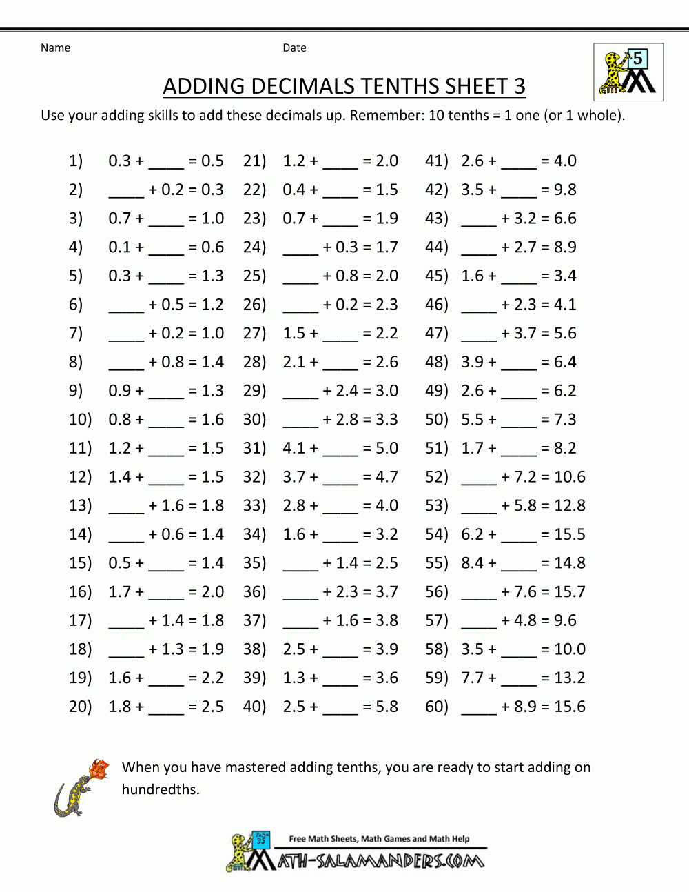 Decimal Math Worksheets Addition