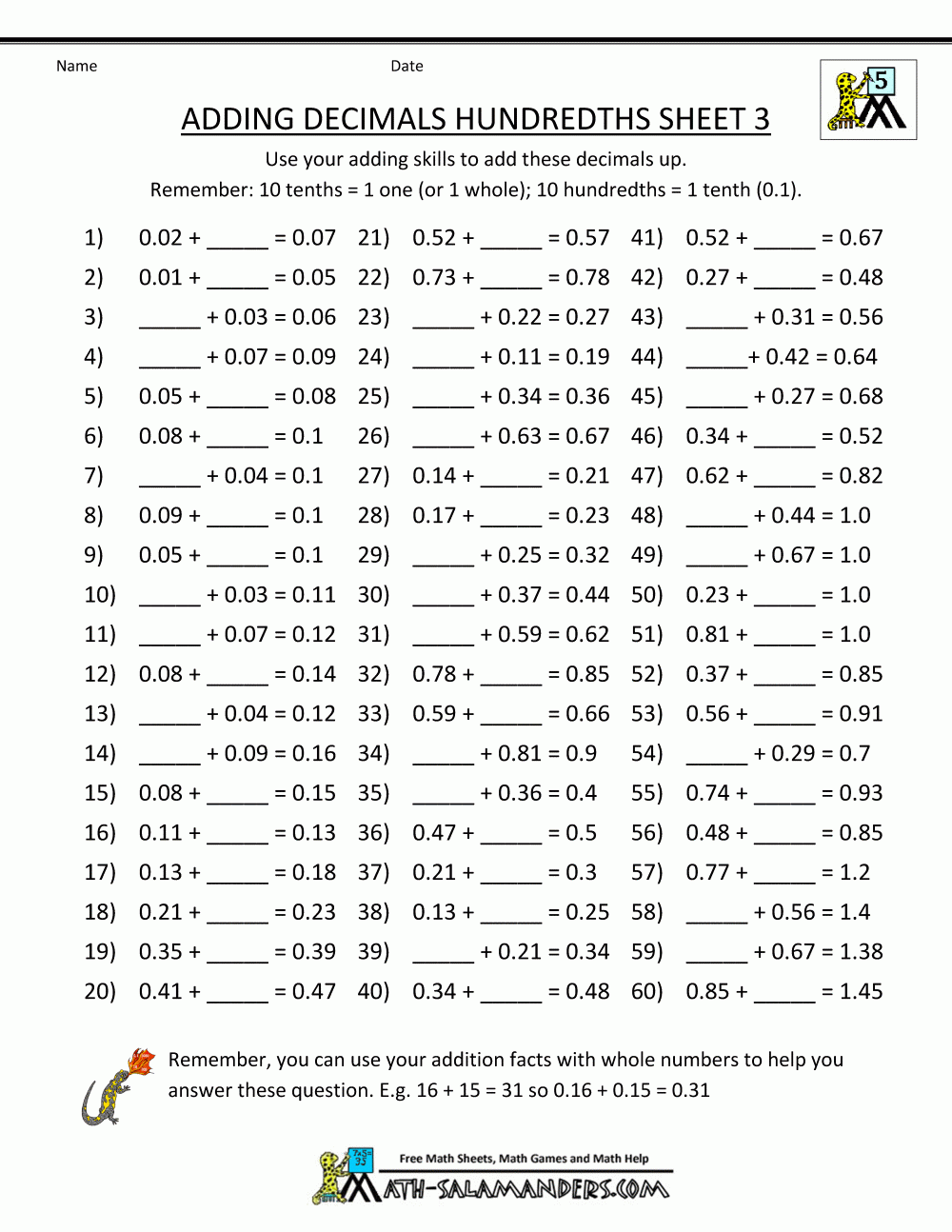 Decimal Math Worksheets Addition