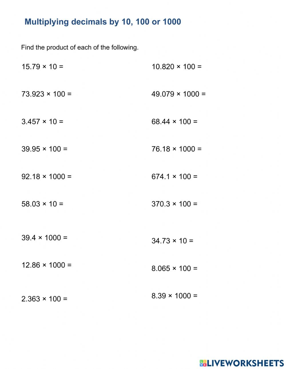 Decimal Multiplication Practice Maths Worksheets For Kids Ks3 Maths 