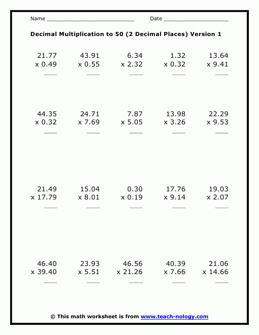 Decimal Multiplication To 50 2 Decimal Places 