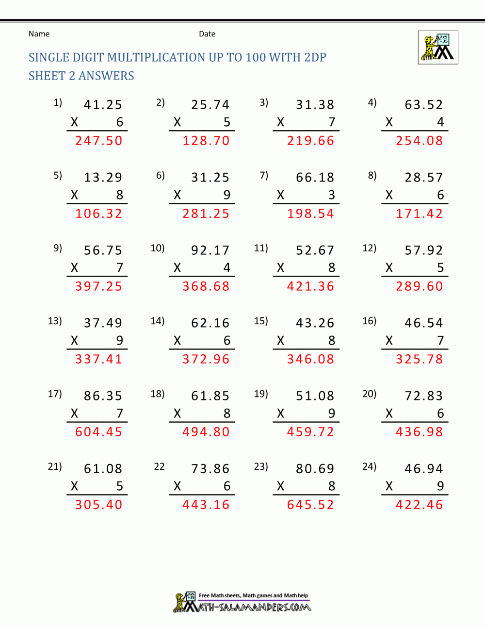 Decimal Multiplication Up To 100 With 2dp Sheet 2 Answers Math Worksheets Math Multiplication 