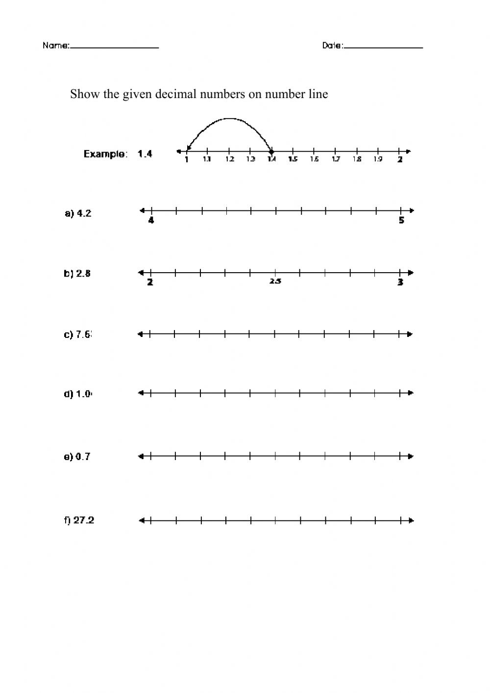 Decimal Number Line Worksheet