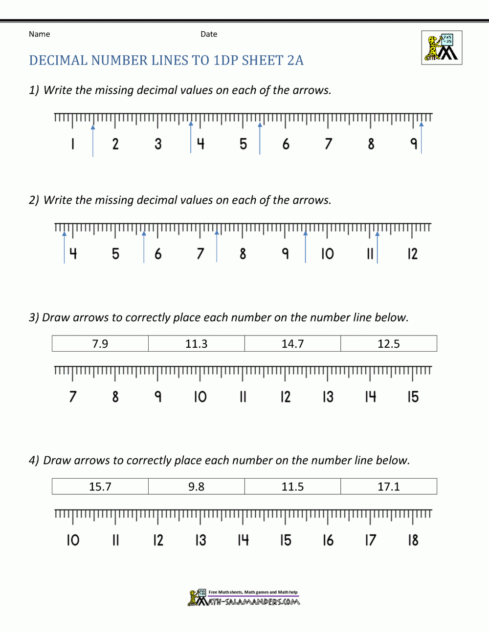 Decimal Number Line Worksheets