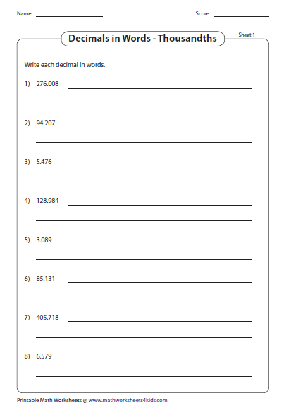 Decimal Number Names Worksheets