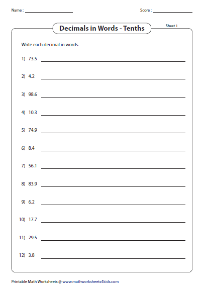 Decimal Number Names Worksheets