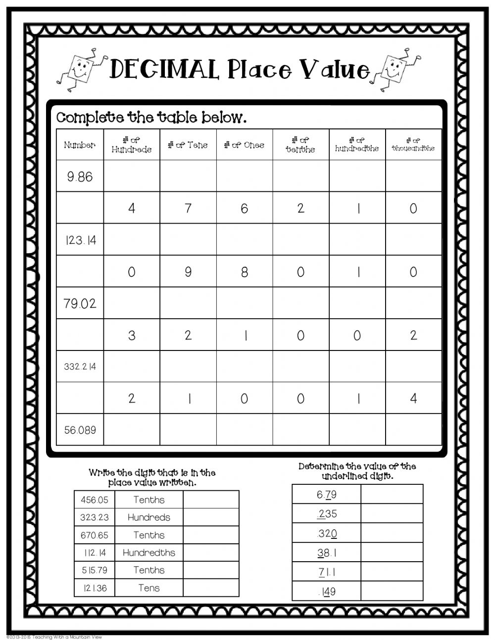 Decimal Place Value Interactive Worksheet