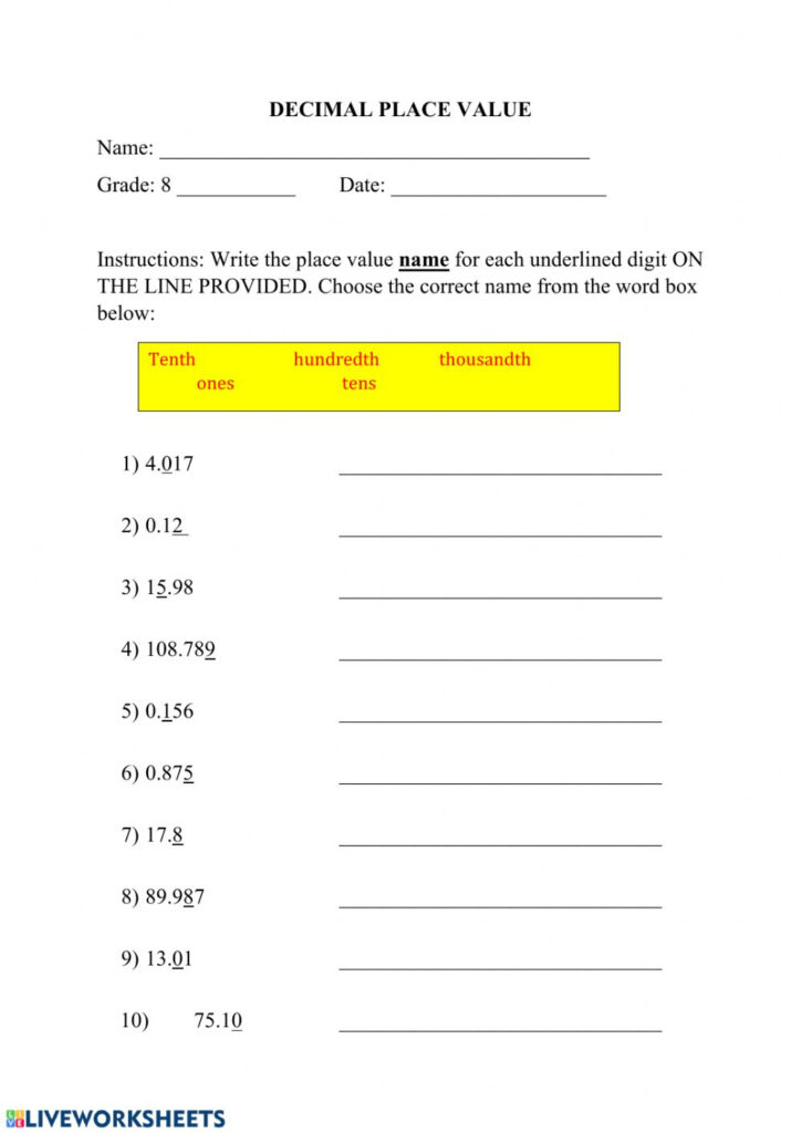 Decimal Place Value Interactive Worksheet Place Value Chart Millions 