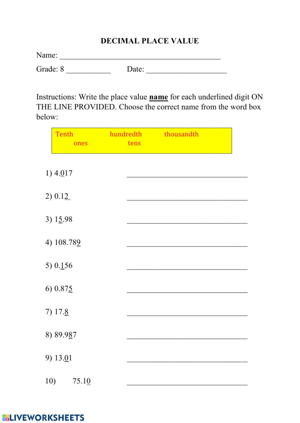 Decimal Place Value Interactive Worksheet Place Value Chart Millions 