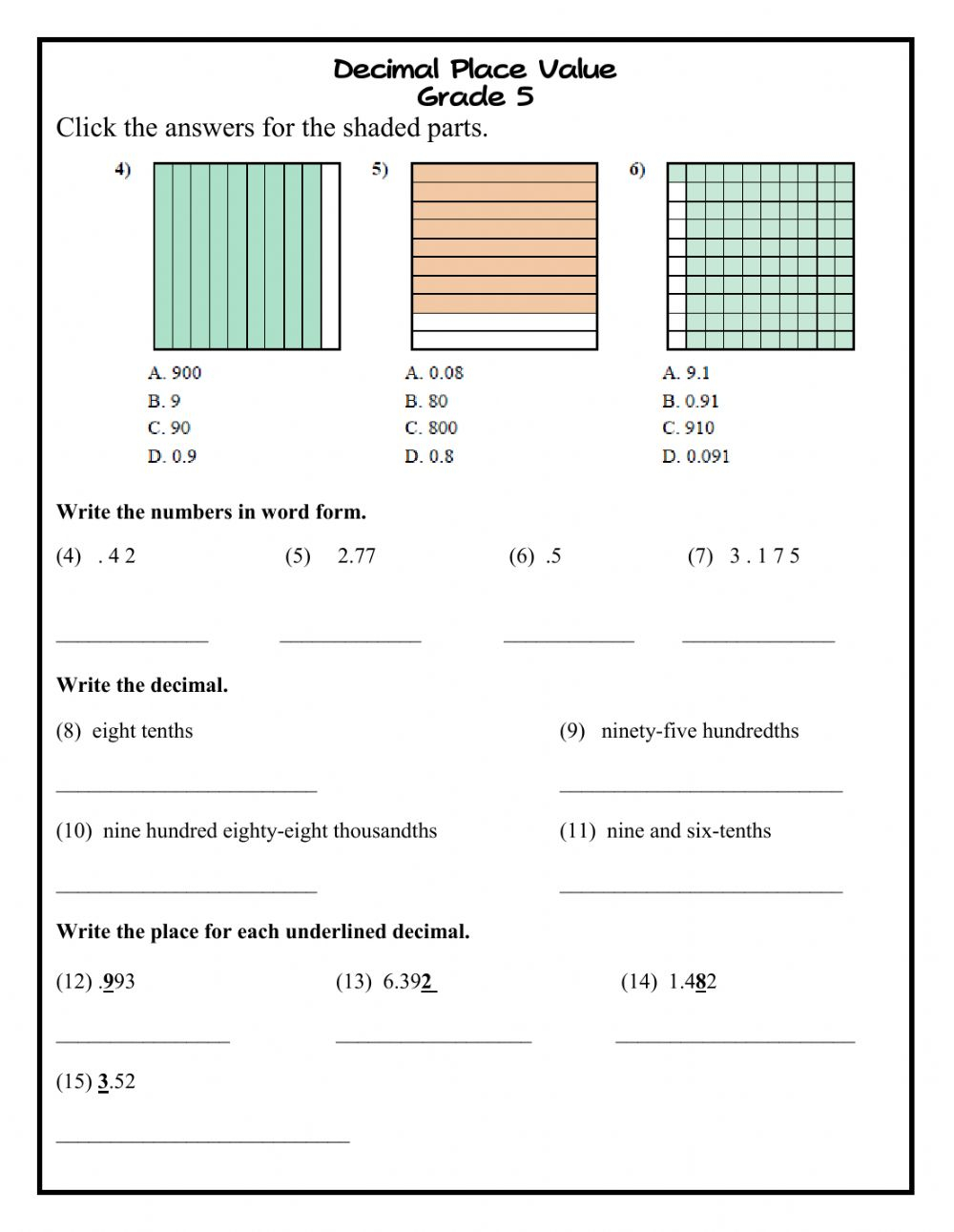 Decimal Place Value Intro G5 Worksheet