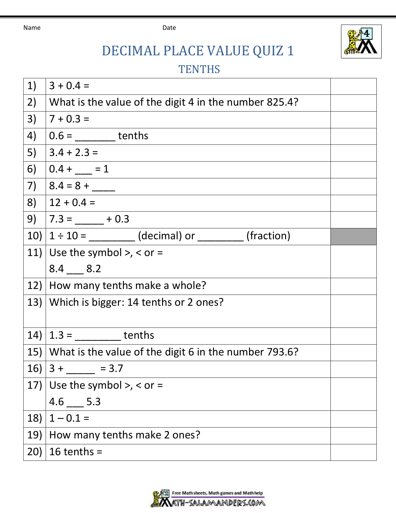 Decimal place value quiz 1