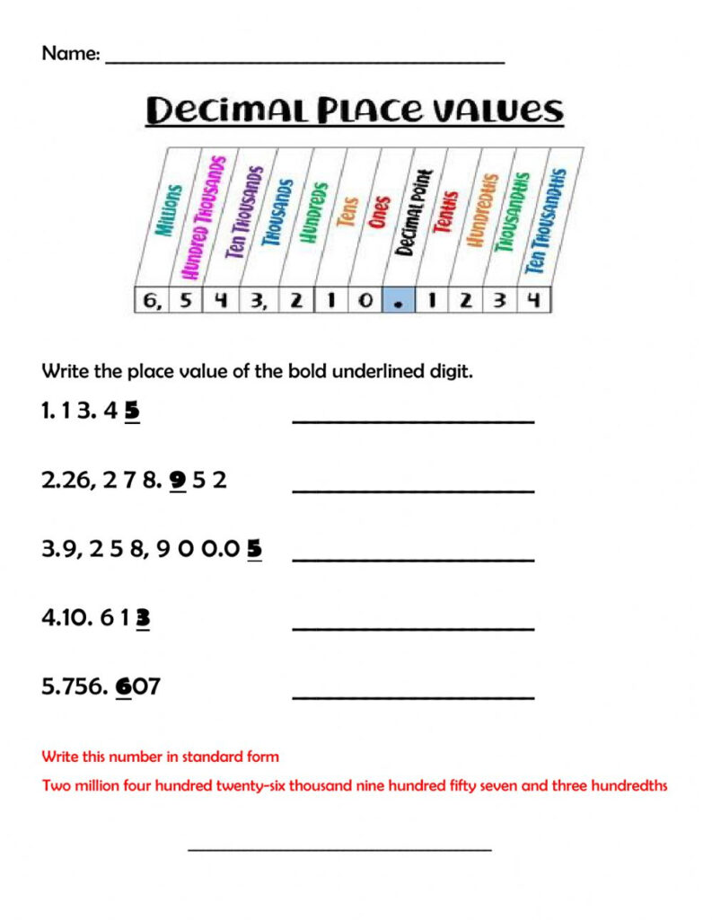 Decimal Place Value Worksheets Decimal Place Value Worksheets 4th 