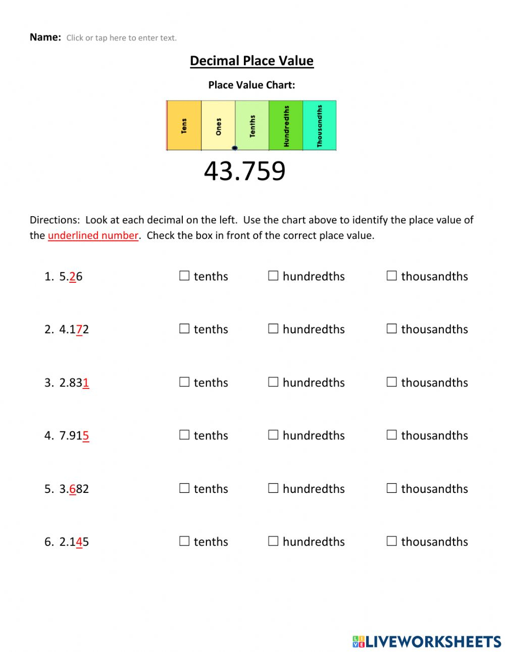 Decimal Place Value Worksheets Decimal Place Value Worksheets 4th 