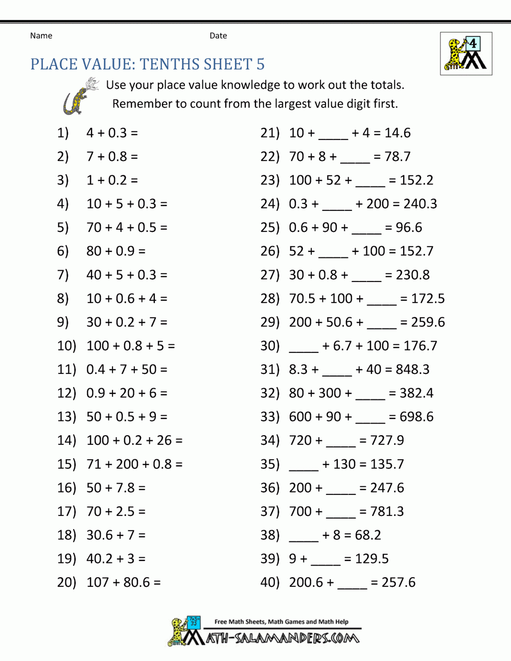 Decimal Place Value Worksheets Grade 4 Math Worksheets Convert 