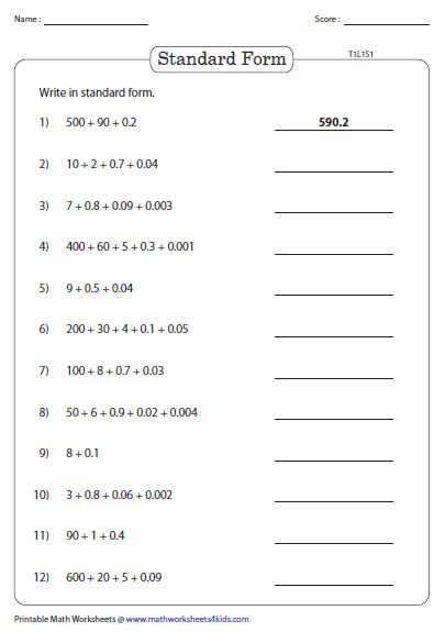 Decimal Place Value Worksheets Writing Expanded Numbers In Standard 