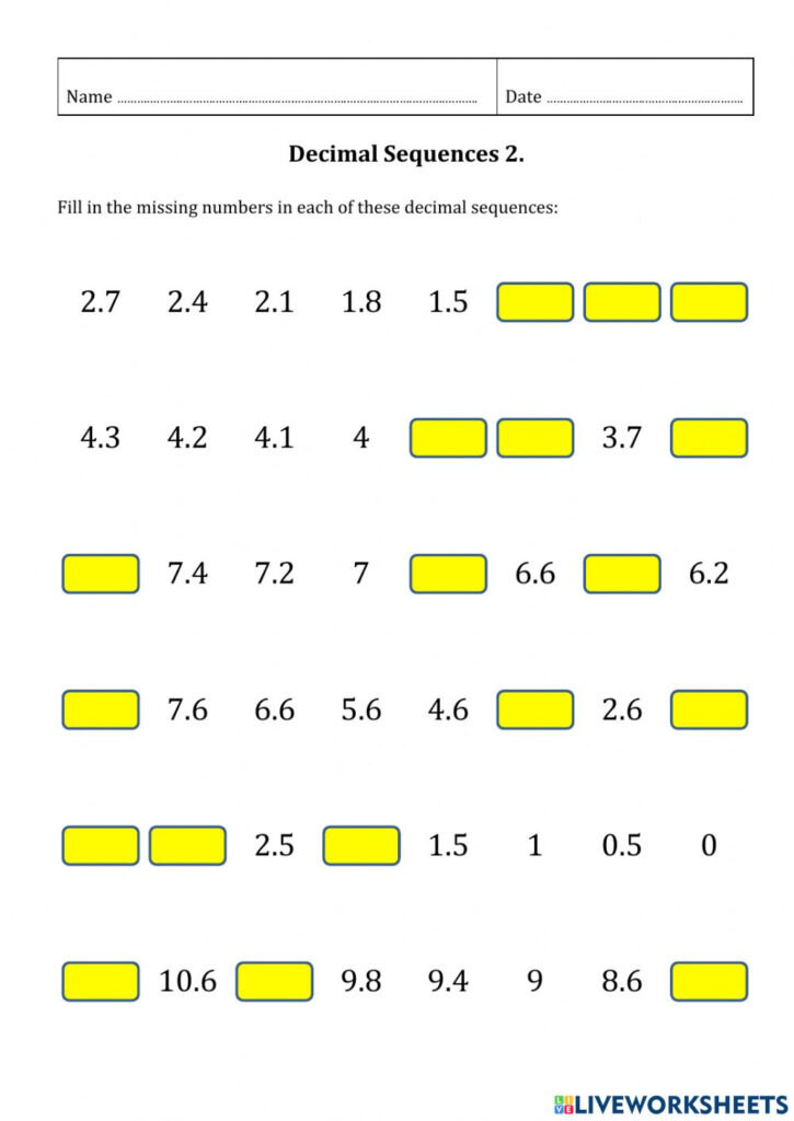 Decimal Sequences 1 Worksheet Counting By Decimals