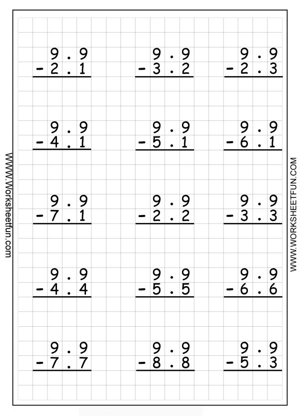 Decimal Subtraction No Regrouping 5 Worksheets FREE Printable 