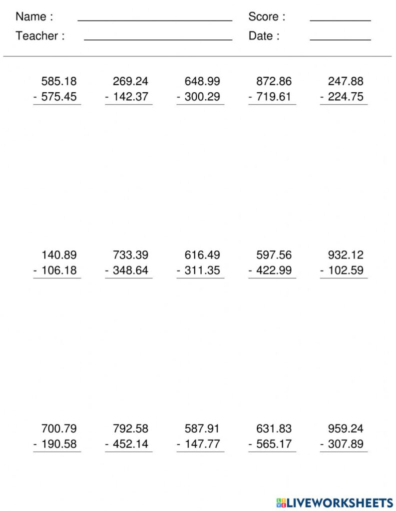 Decimal Subtraction Worksheet