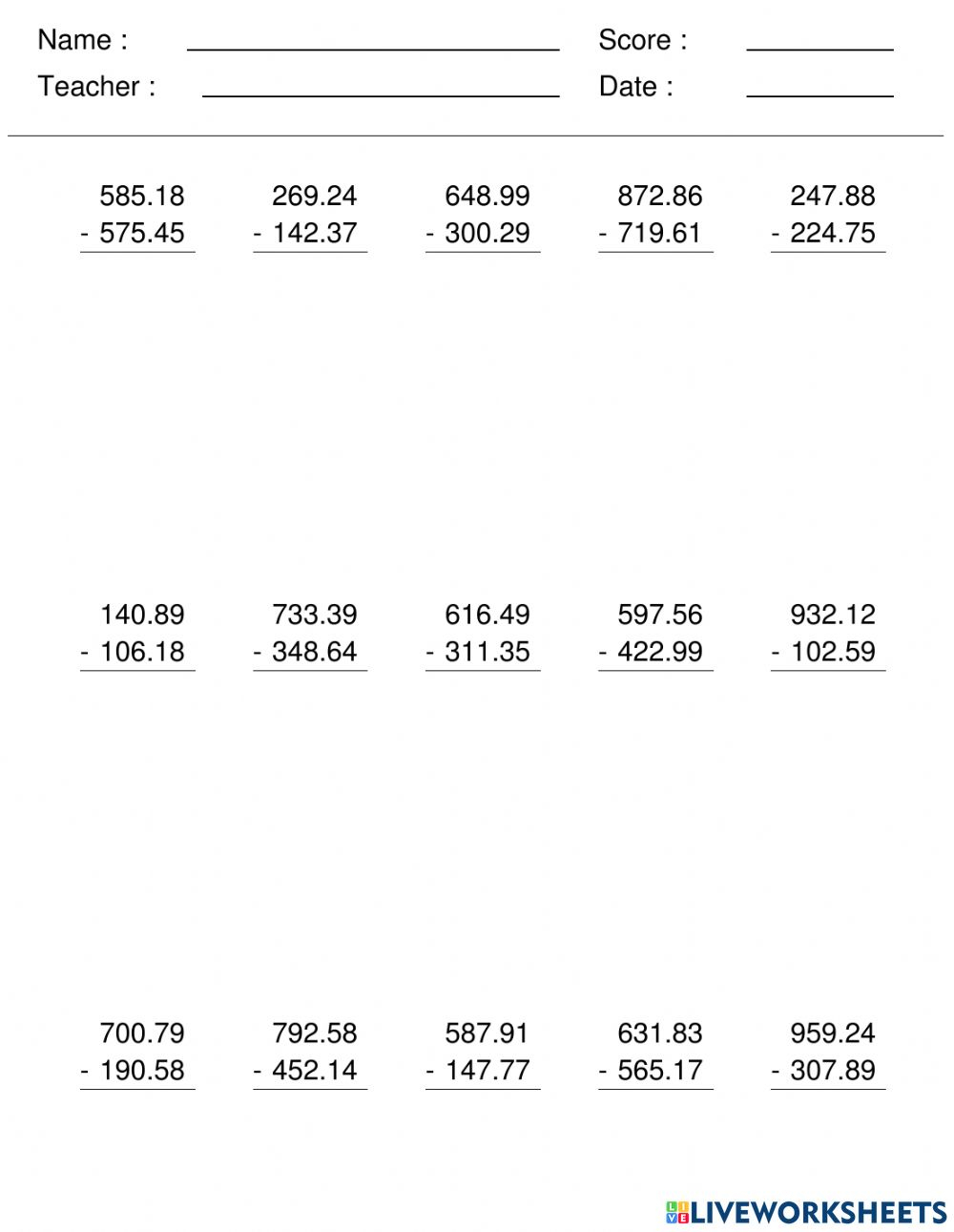 Decimal Subtraction Worksheet