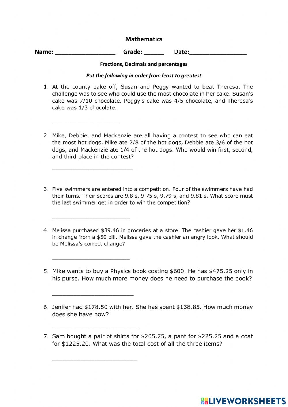 Decimal Word Problems Worksheet