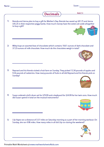 Decimal Word Problems Worksheets