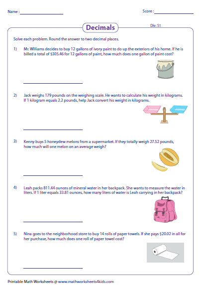 Decimal Word Problems Worksheets