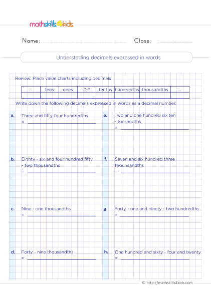 Decimal Worksheets For Grade 4 With Answers Comparing Decimals 4th Grade