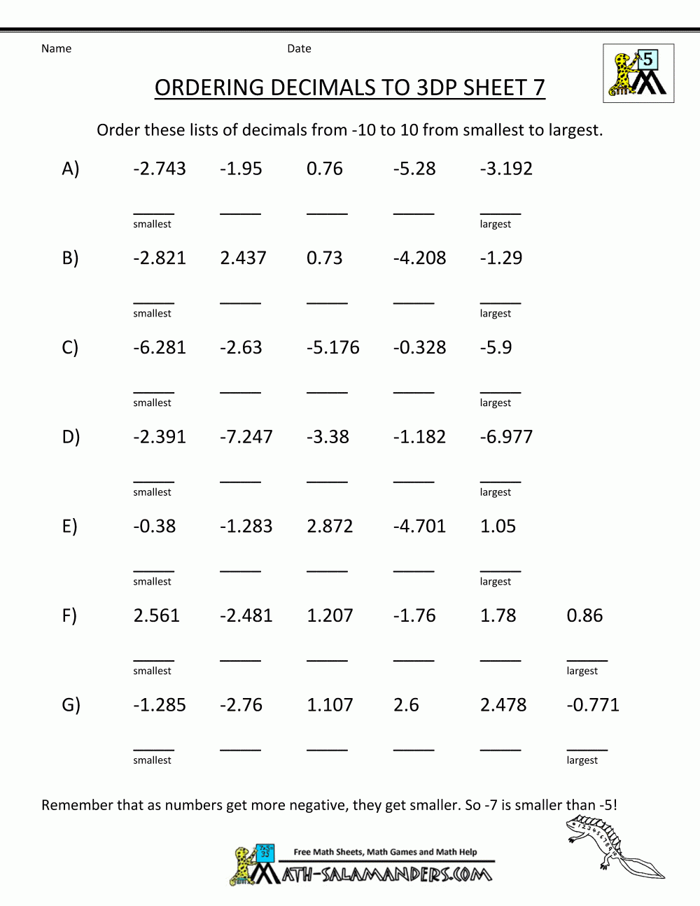 Decimal Worksheets Grade 7