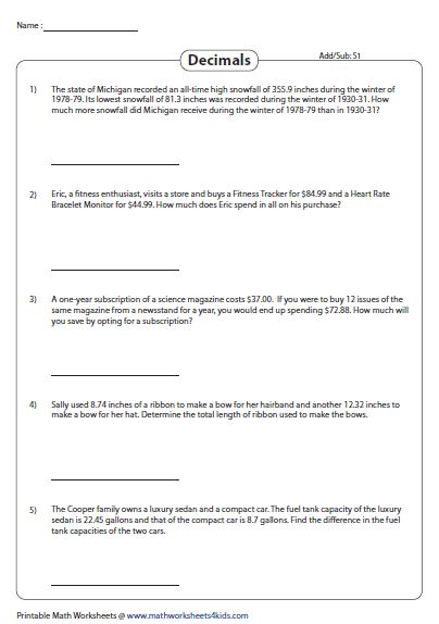 Decimals Addition And Subtraction Word Problems Word Problems Word 