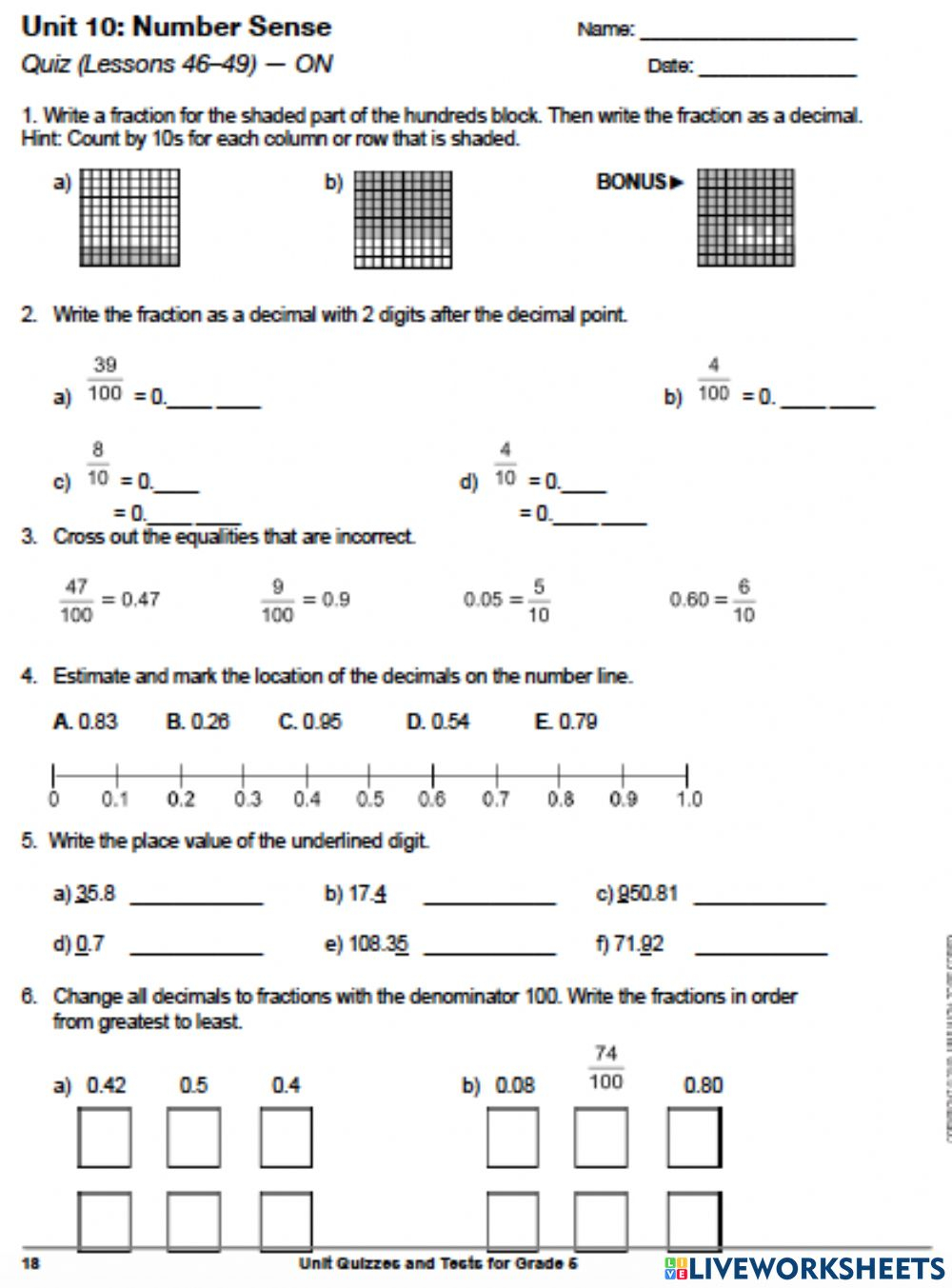 Decimals And Fractions Quiz Worksheet