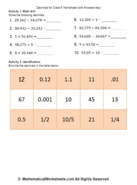 Decimals For Class 6 Worksheet with Answers Key 