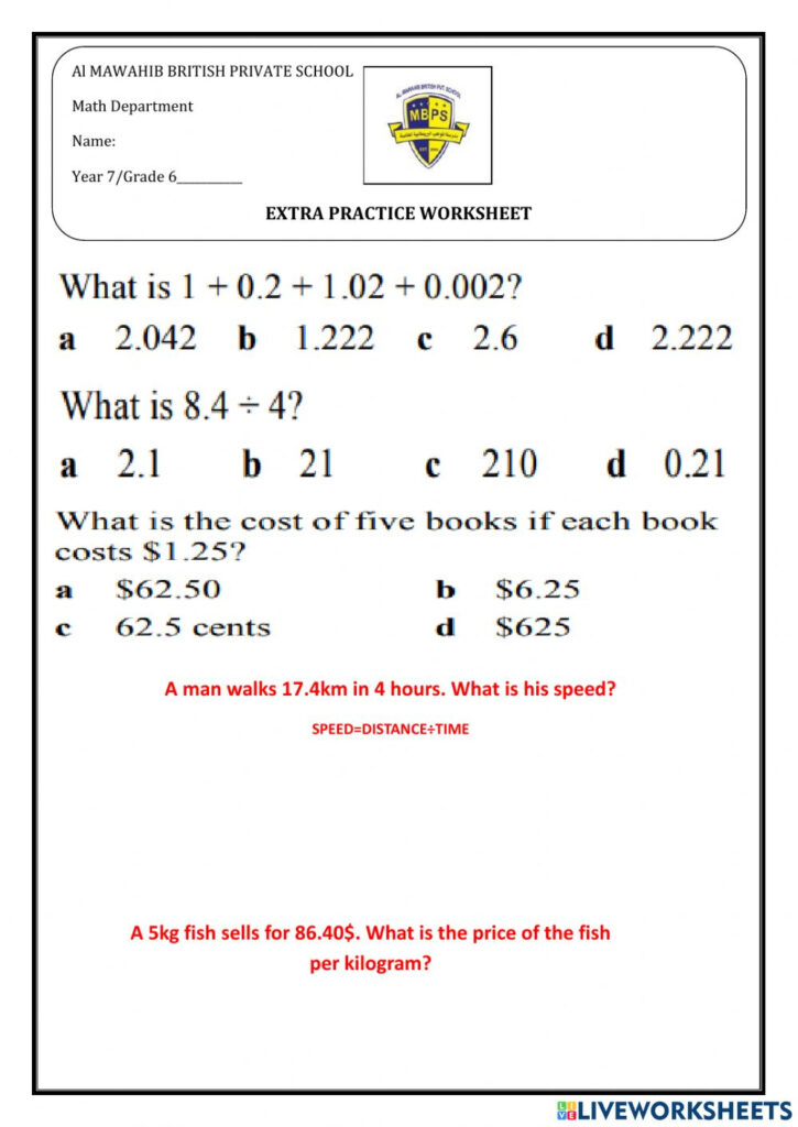 Decimals Grade6 Worksheet