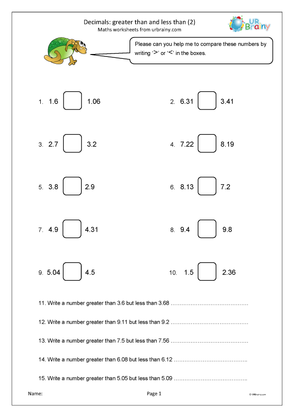 Decimals Greater Than And Less Than 2 Fraction And Decimal 