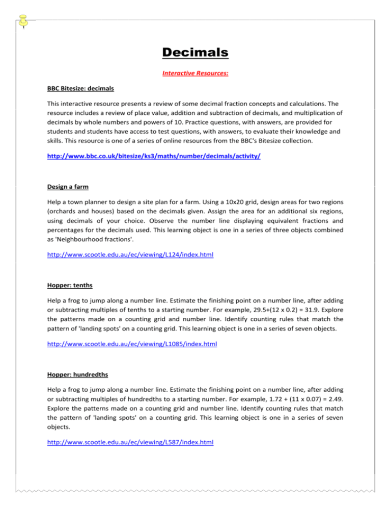 Decimals Resources