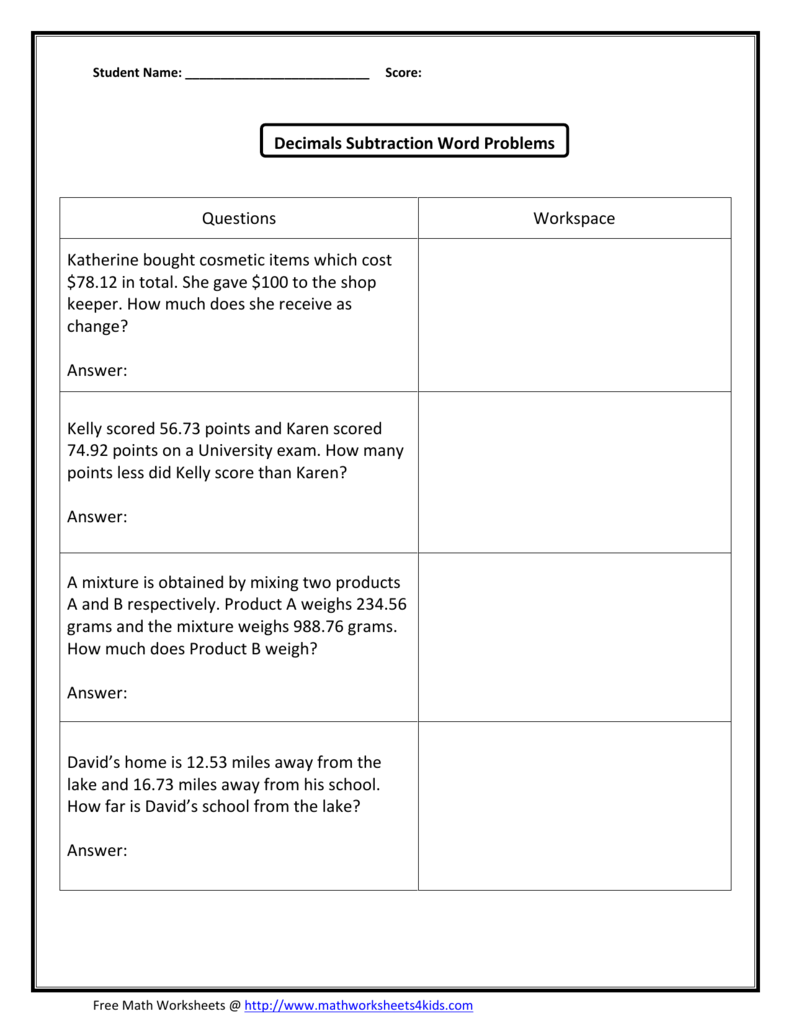 Decimals Subtraction Word Problems