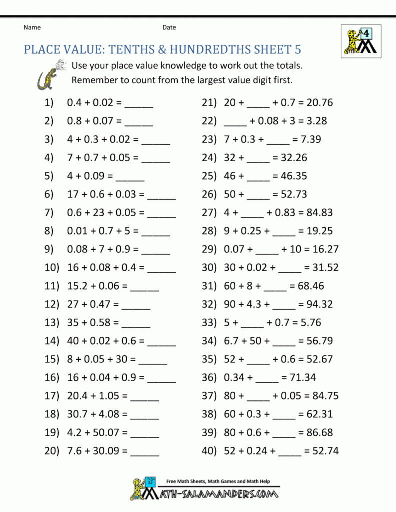 Decimals Tenths And Hundredths Worksheet Decimal Worksheets 