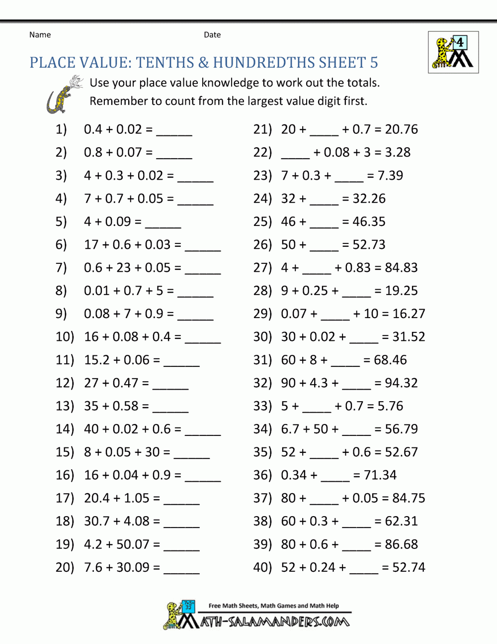 Decimals Tenths And Hundredths Worksheet Decimal Worksheets 