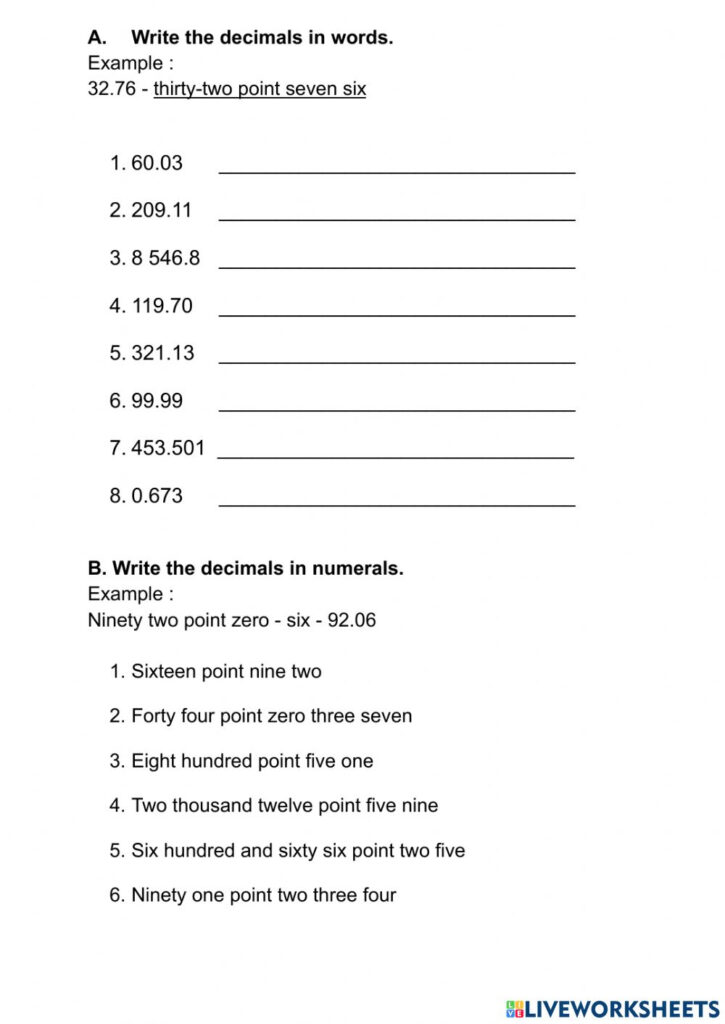 Decimals Year 4 WRITE DECIMALS IN WORDS AND NUMERALS Worksheet