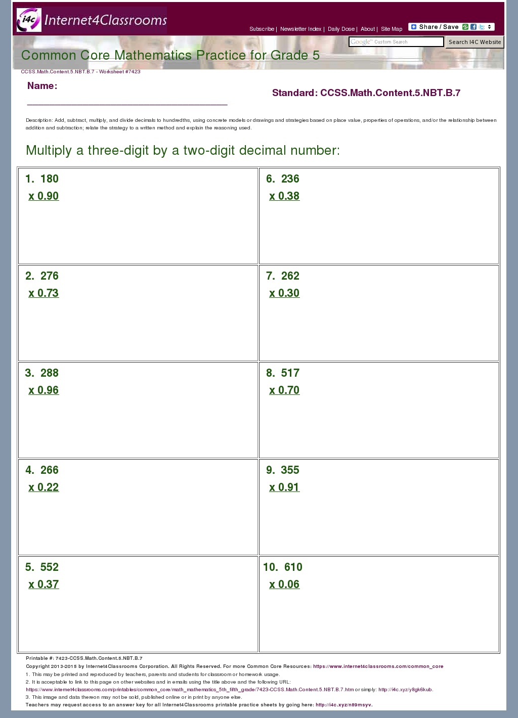 Description Download Worksheet 7423 CCSS Math Content 5 NBT B 7