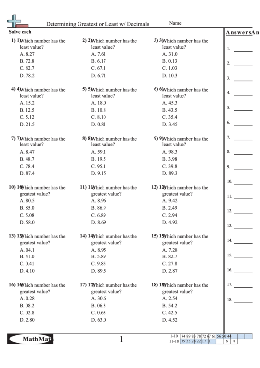 Determining Greatest Or Least W Decimals Worksheet With Answer Key 