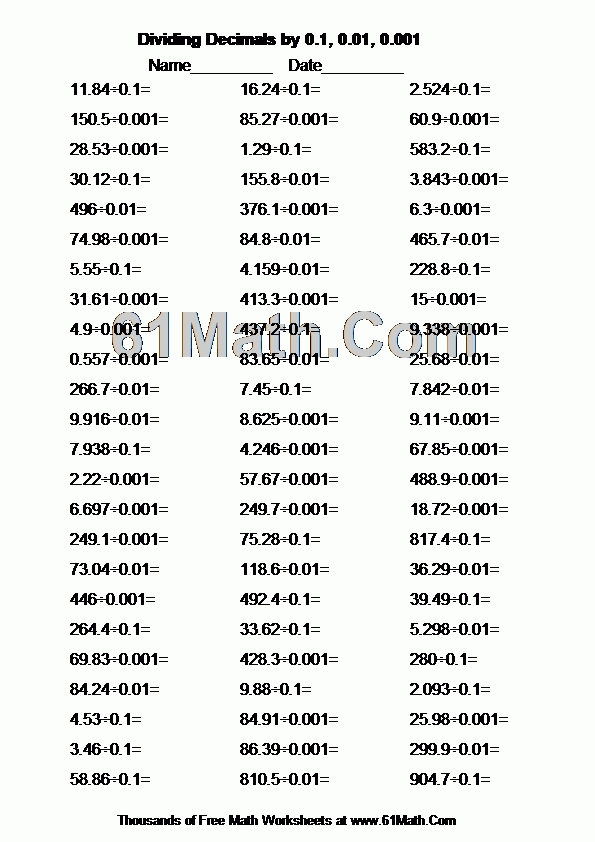 Dividing Decimals By 0 1 0 01 0 001 Create Your Own Math Worksheets