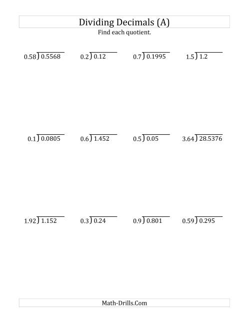 Dividing Decimals By Various Decimals With Various Sizes Of Quotients All 